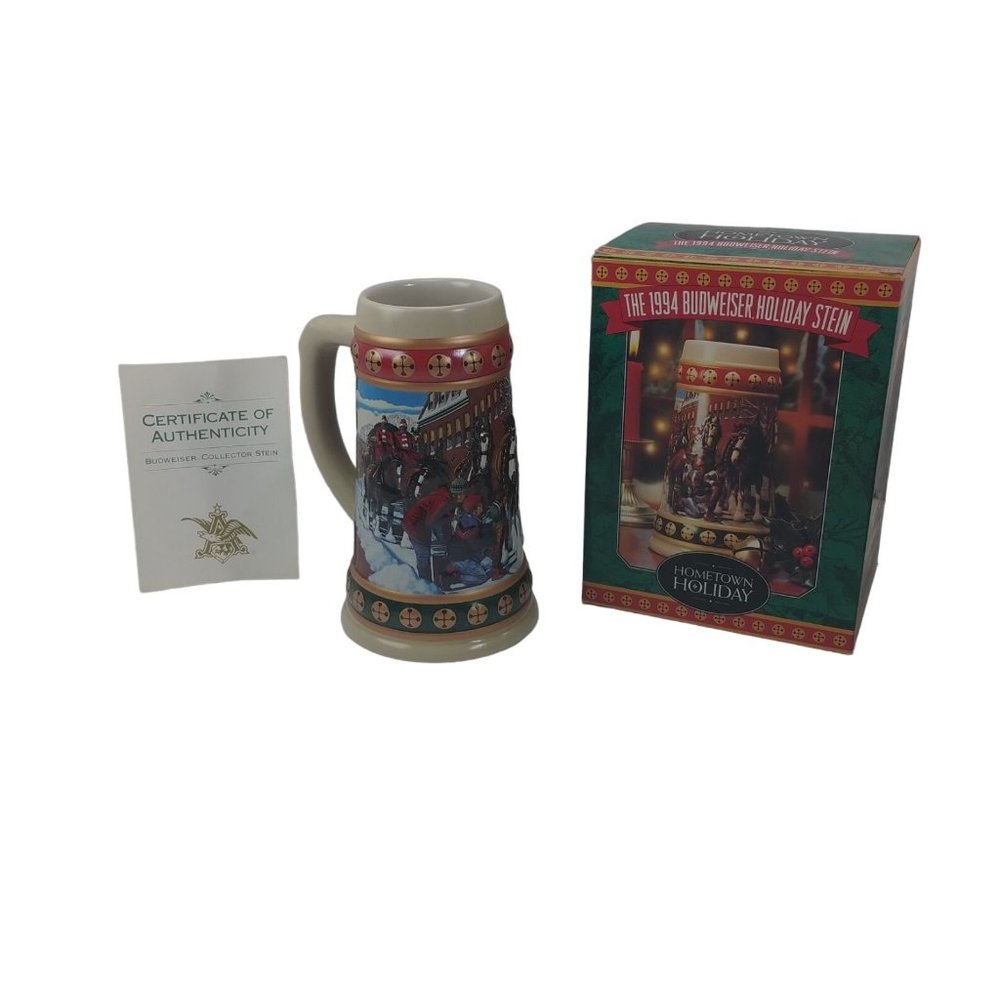 The 1994 Budweiser Holiday Stein Collection Hometown Holiday W/Box